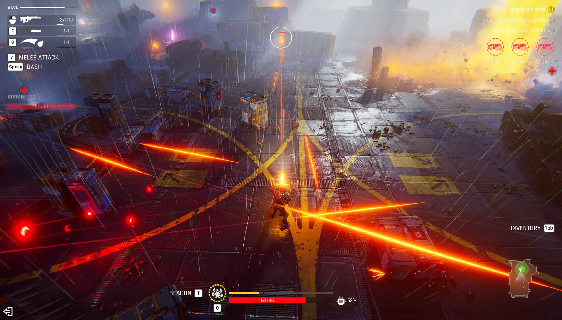 Official Steam store screenshot: base floor with yellow hazard markings, a glowing central structure and red laser beams in the corridor.
