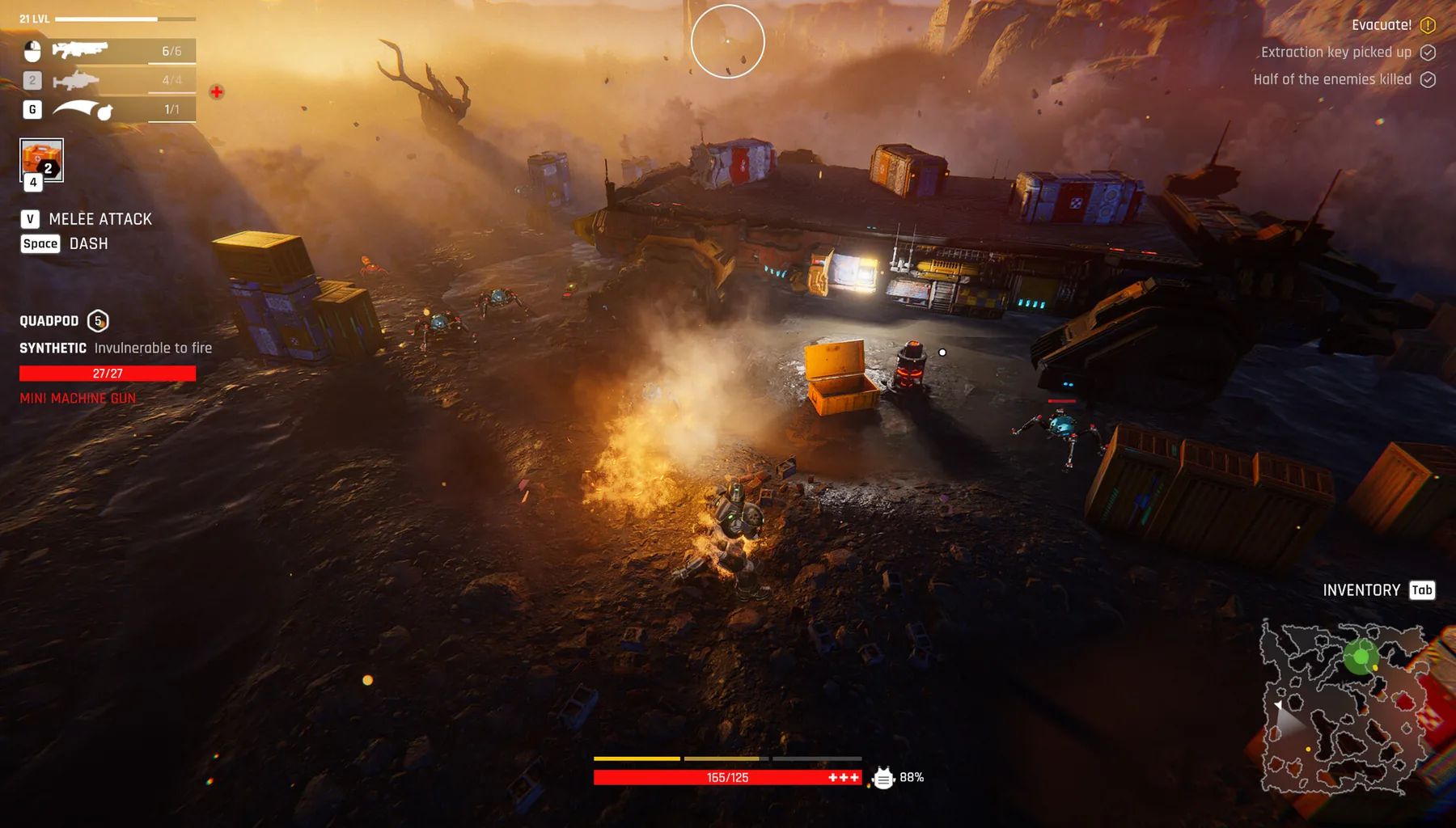 Official Steam store screenshot: the squad pushing through smoky industrial ruins at night, orange laser fire and supply crates in view.