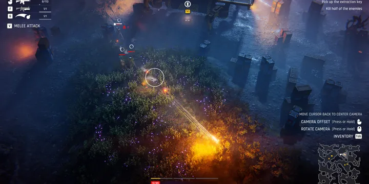 Official Steam store screenshot: blue-lit cave interior during a raid, a yellow laser beam striking an enemy.