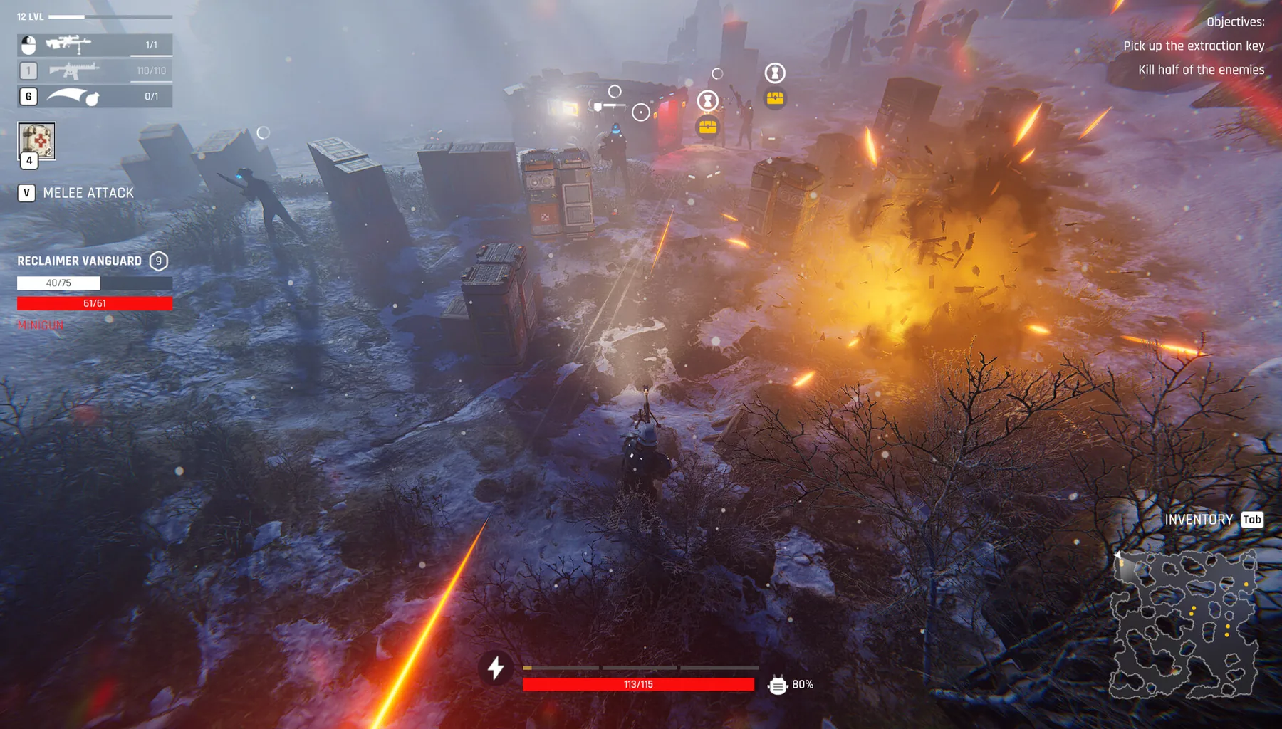 Official Steam store screenshot: snowy ruin battlefield with an explosion and red laser fire across the squad.