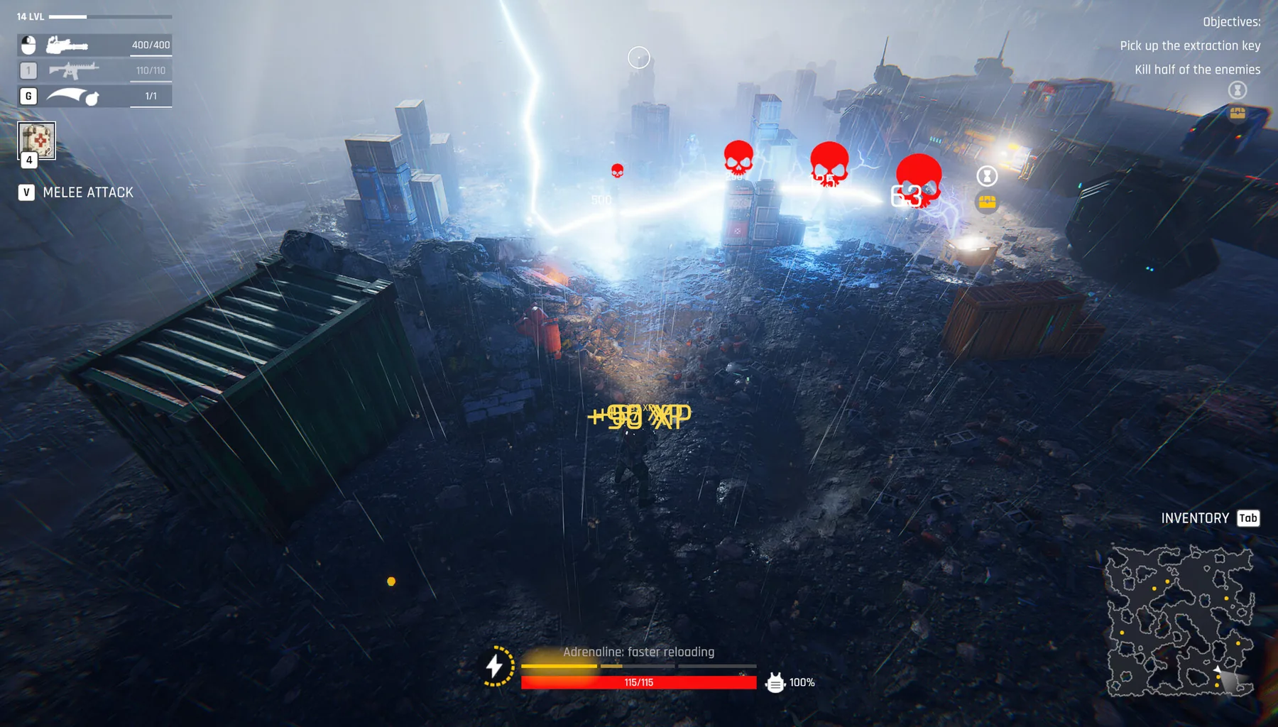 Official Steam store screenshot: storm-lit ruins at night, with nearby enemies marked by red icons in the HUD.