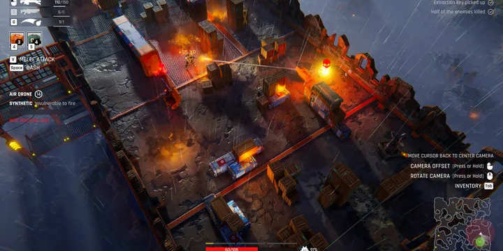Official Steam store screenshot: fire-lit industrial interior with pipes, where an enemy fighter is caught in an orange explosion.
