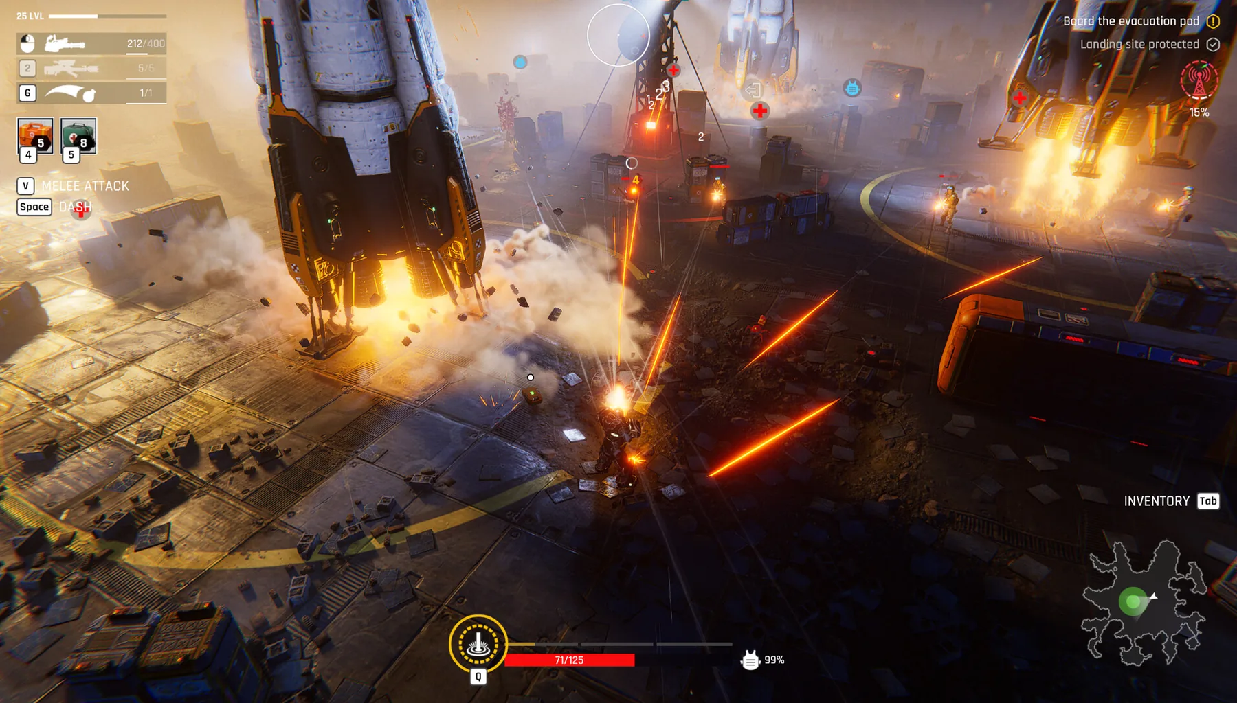 Official Steam store screenshot: a large white mech descending into a burning battlefield in front of the squad.