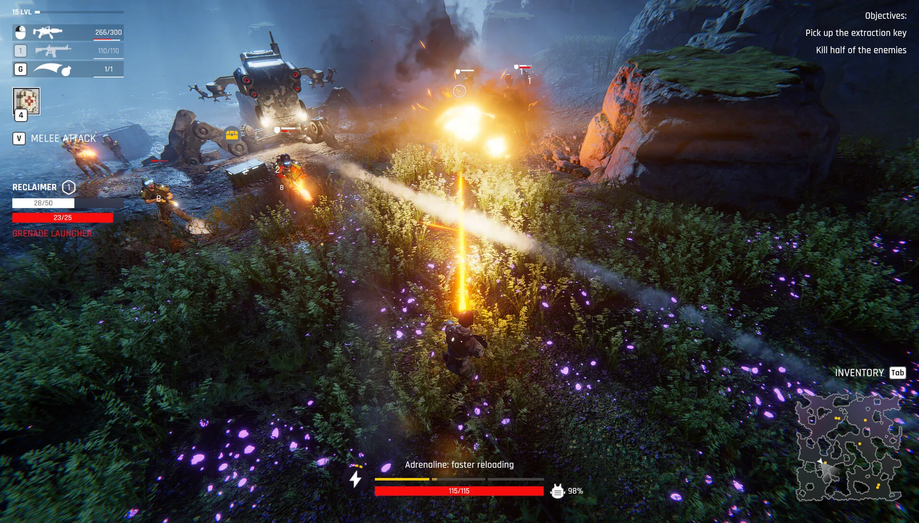 Official Steam store screenshot: overgrown ruins with glowing purple flora and a firefight beside a large enemy vehicle.
