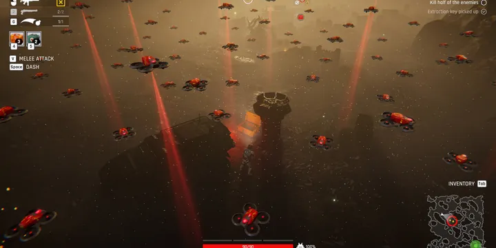 Official Steam store screenshot: night terrain swarming with small red robotic enemies while the player fires into the group.